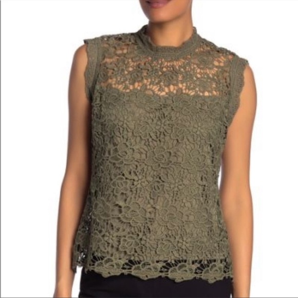 NWT Nanette Lepore Winding Vines Mock Neck Guipure Lace Tank Blouse Olive Green - Picture 2 of 10